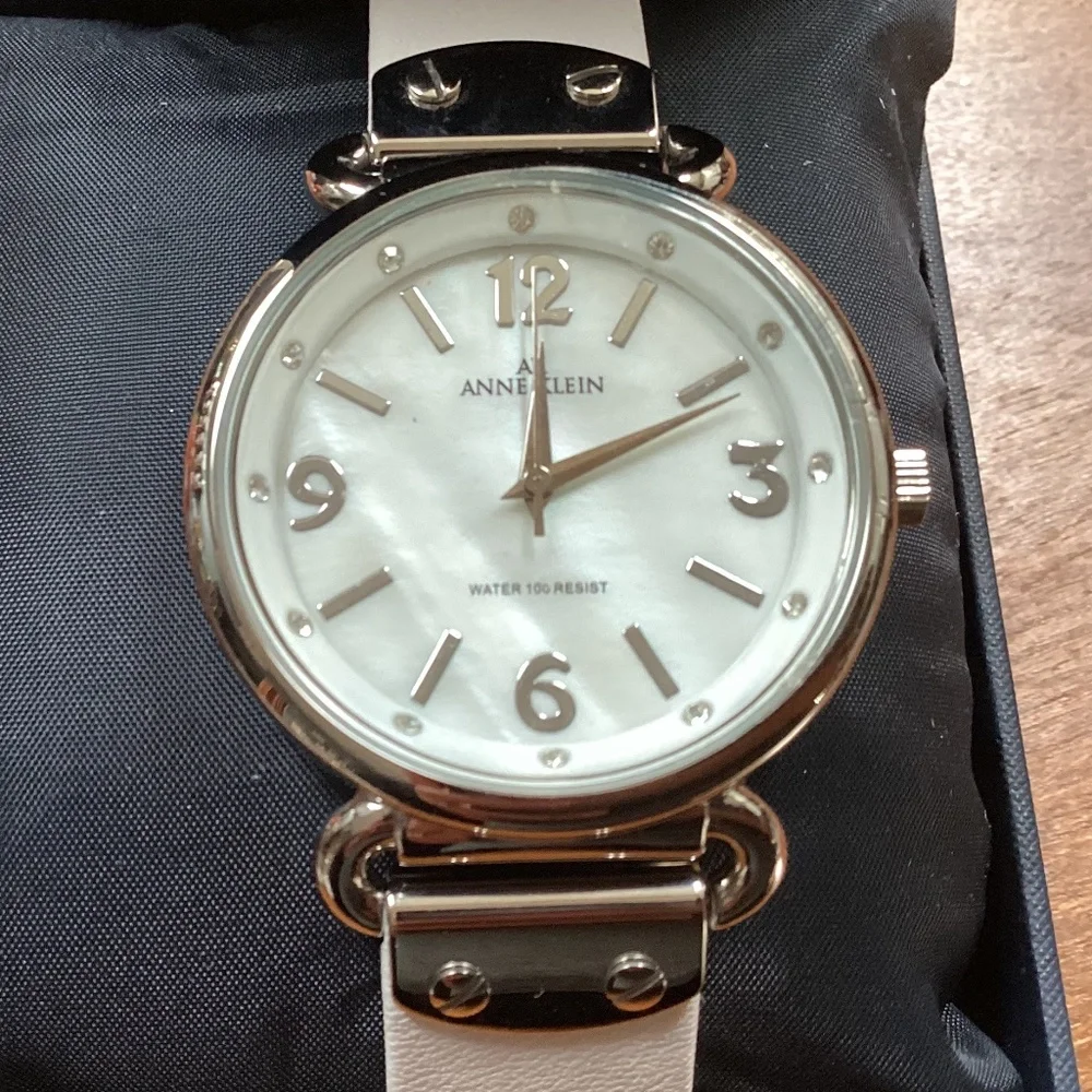 Anne Klein Silver-tone Women’s Watch with White Leather Band New in Box